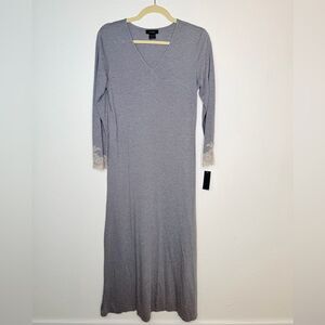 NWT Natori Grey Modal Maxi Sleep Dress w/Lace Size Small Side Slit V-Neck $160
